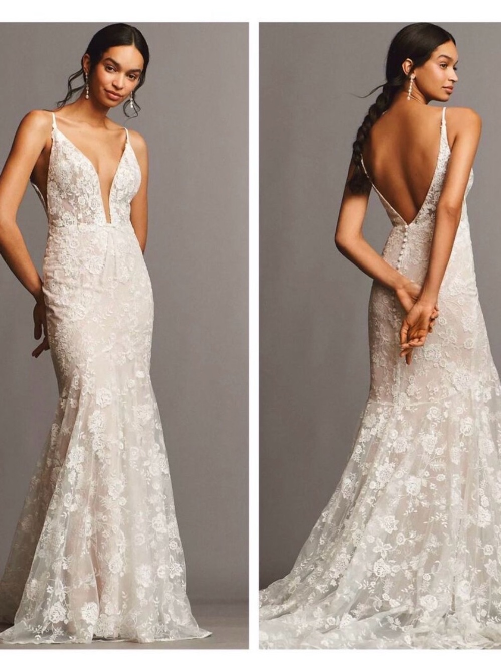 BHLDN Plunging V-Neck Lace Mermaid Wedding Dress in Ivory